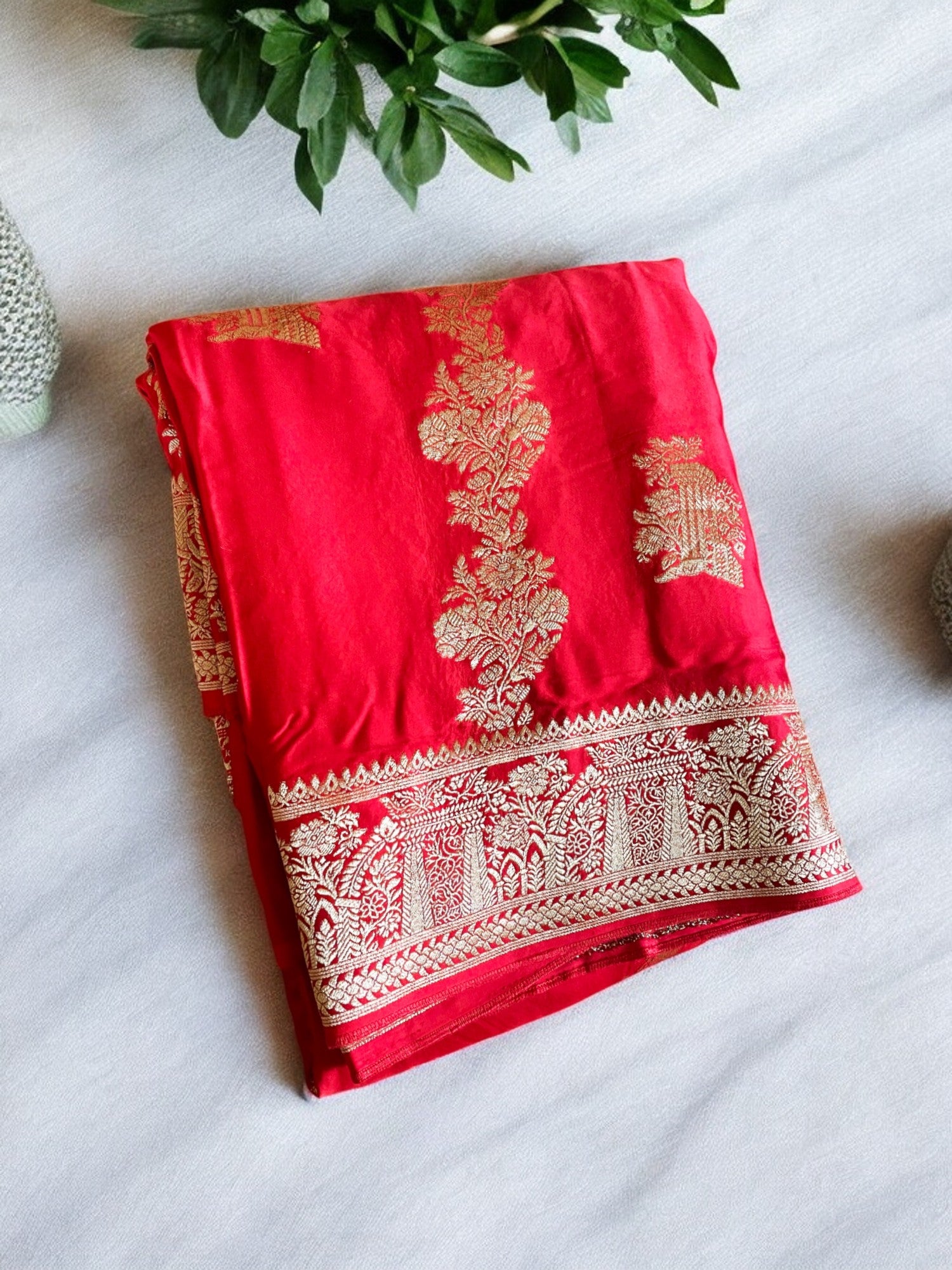 Red Satin banarasi silk saree, Red banarasi silk saree
