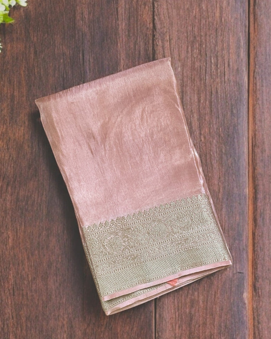pink silk saree, peach banarasi silk saree, peach pink tissue silk saree