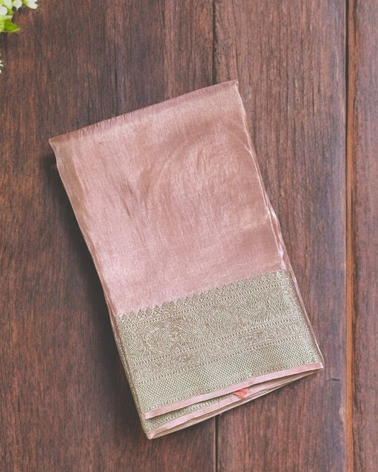 pink silk saree, peach banarasi silk saree, peach pink tissue silk saree