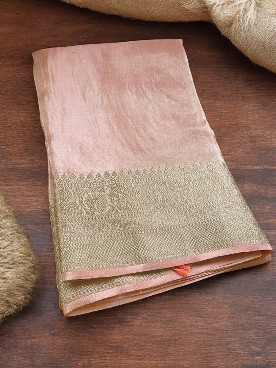 pink silk saree, peach banarasi silk saree, peach pink tissue silk saree