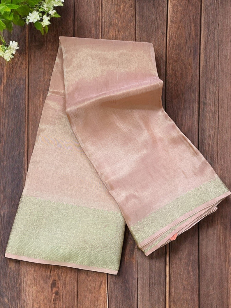 pink silk saree, peach banarasi silk saree, peach pink tissue silk saree