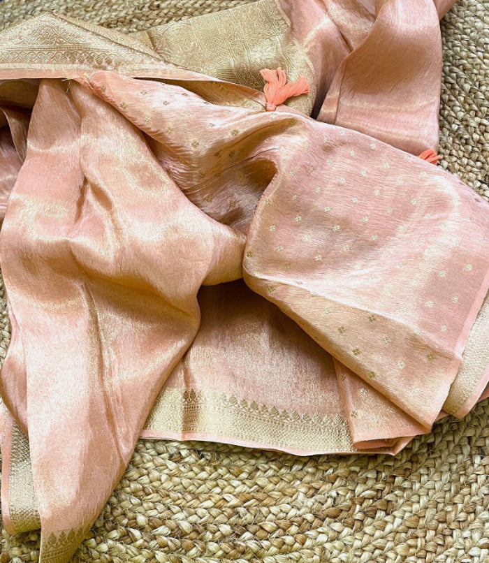 pink silk saree, peach banarasi silk saree, peach pink tissue silk saree
