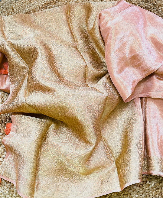 pink silk saree, peach banarasi silk saree, peach pink tissue silk saree