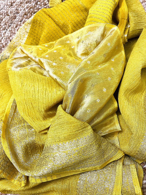 Yellow silk saree, Yellow banarasi silk saree, Yellow Haldi saree