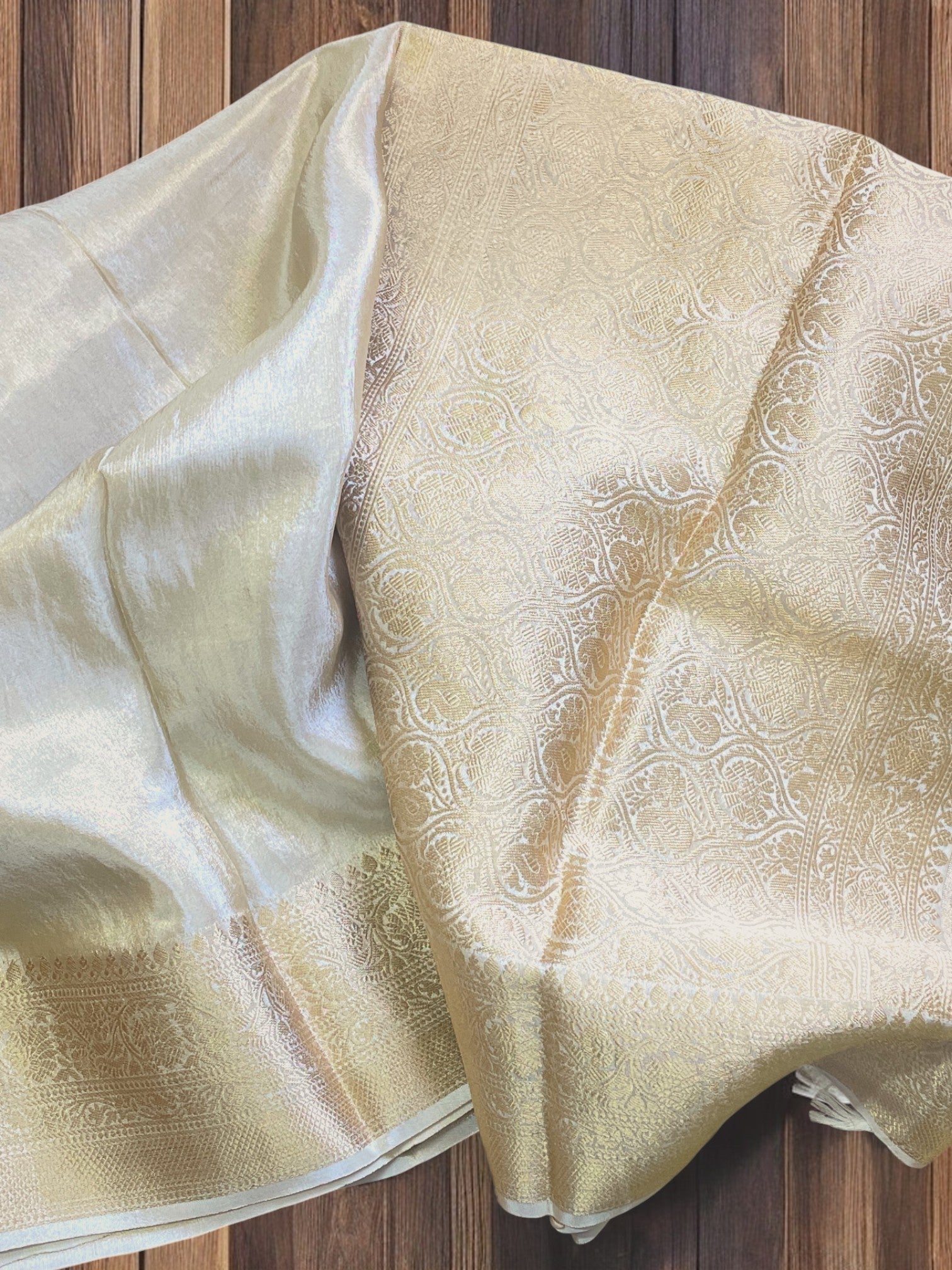 White tissue silk saree, Cream white silk saree, Half white wedding saree