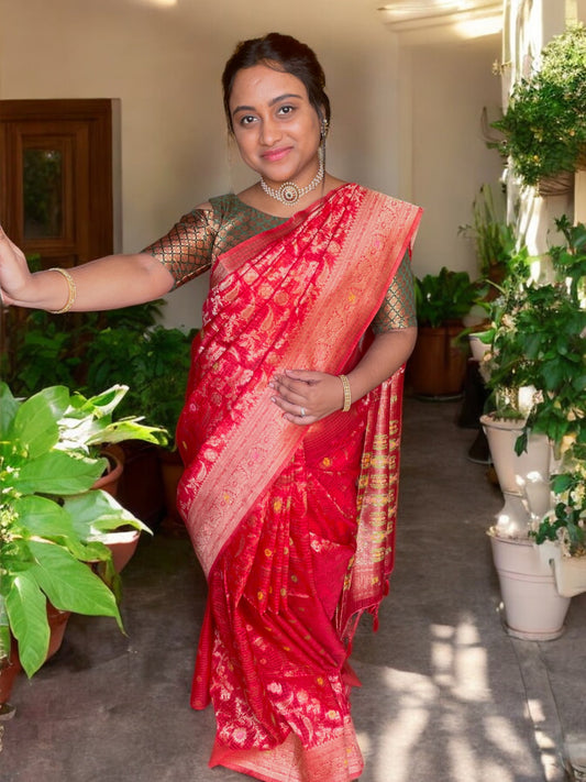 red banarsai silk saree, pink organza saree