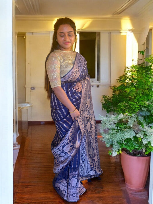 NAVY BLUE SEMI KATAN SILK SAREE
