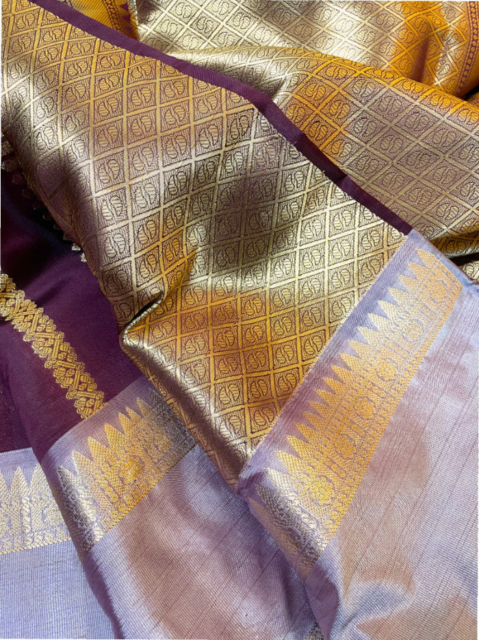 MAROON AND GREY SEMI KANCHI SAREE