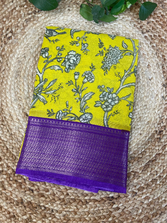 YELLOW AND PURPLE PRINTED SEMI DOLA SAREE
