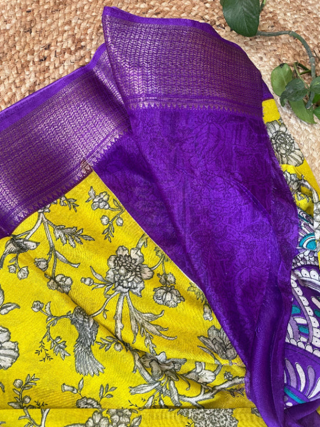 YELLOW AND PURPLE PRINTED SEMI DOLA SAREE