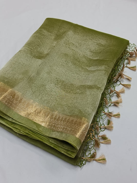 MEHENDI GREEN PURE TISSUE BANARASI SILK SAREE