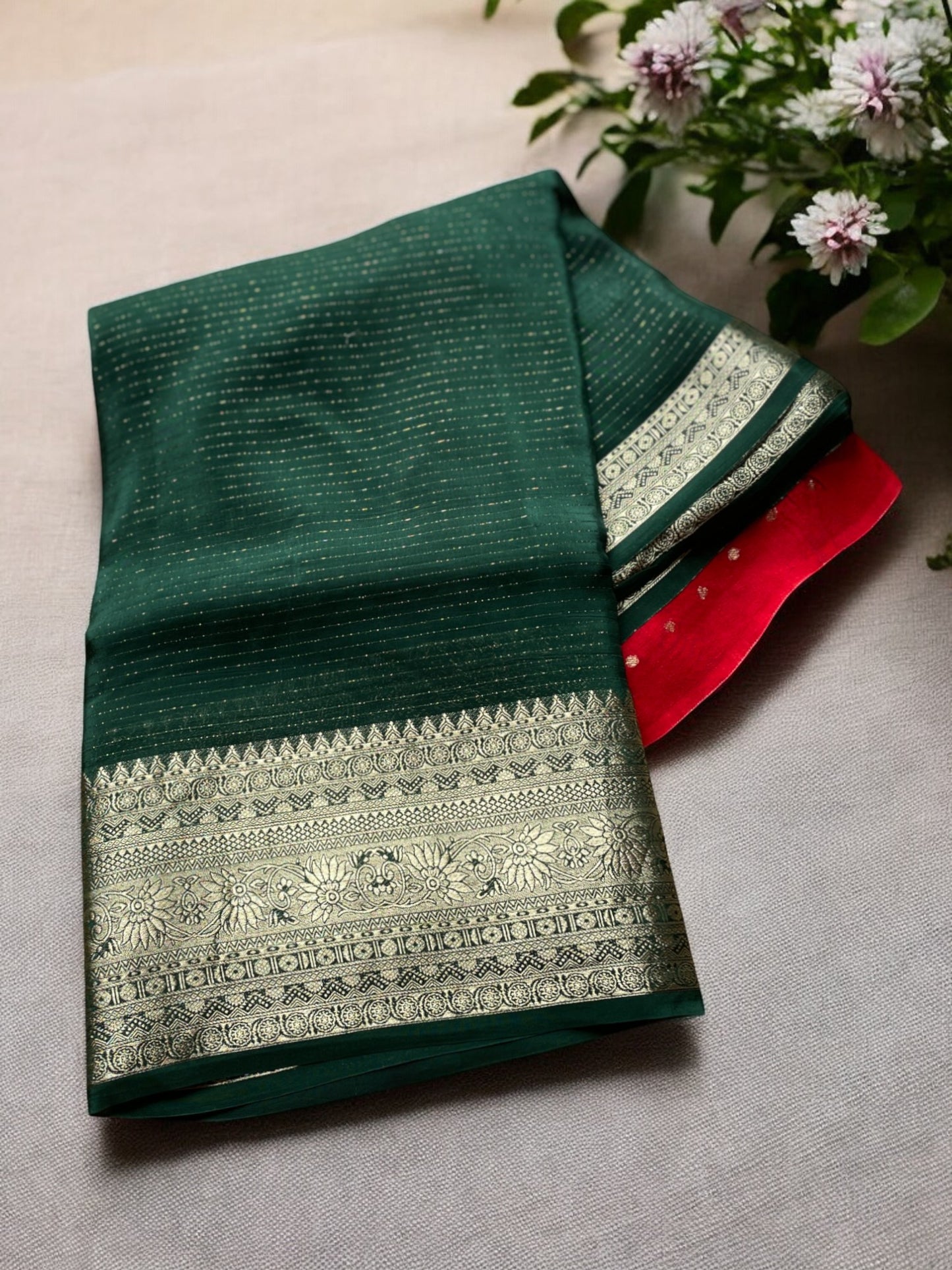 BOTTLE GREEN PREMIUM SEMI CREPE SILK SAREE