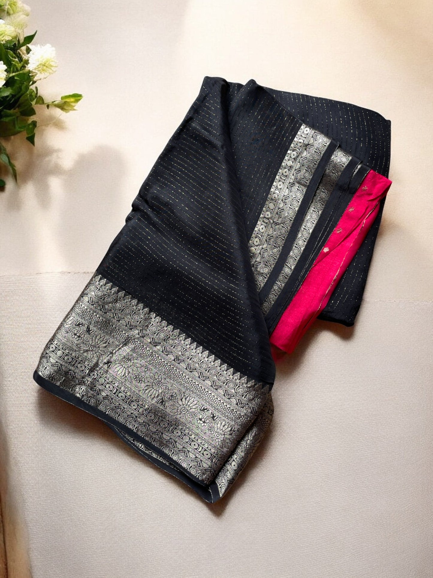 BLACK AND PINK PREMIUM SEMI CREPE SILK SAREE