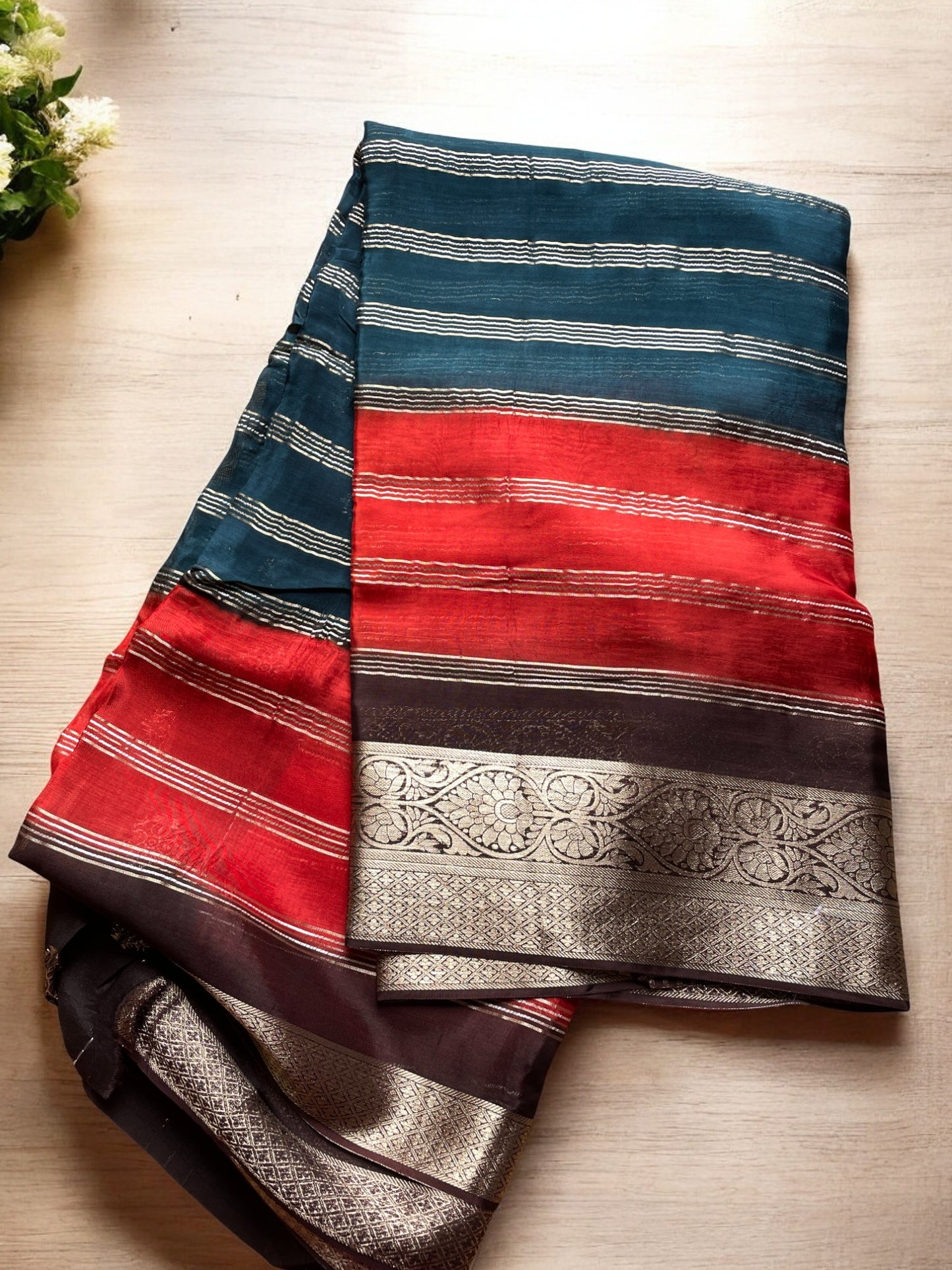 RUSTY ORANGE AND BROWN 3D PREMIUM CREPE SAREE