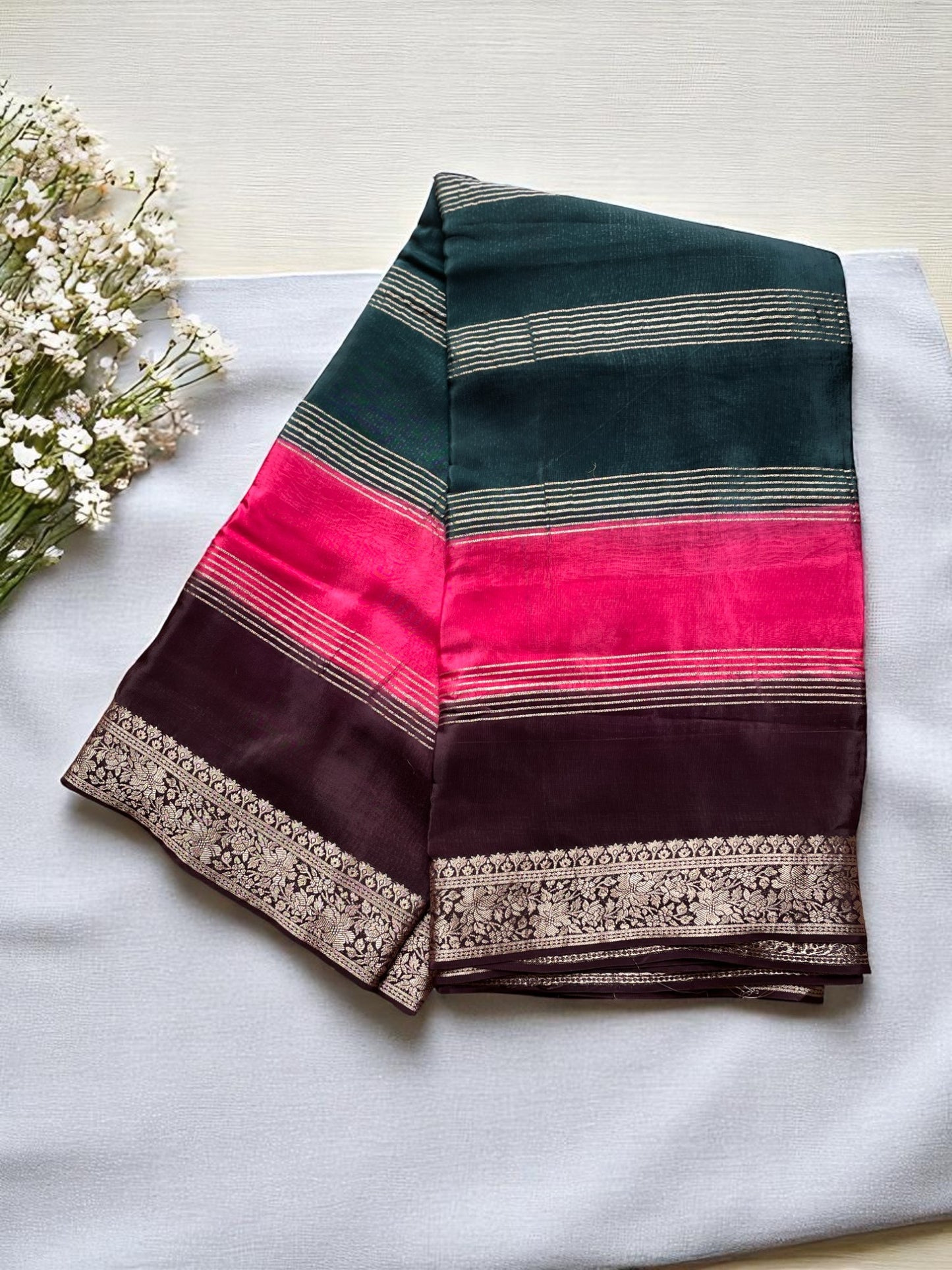 PINK AND GREEN BLUE 3D PREMIUM CREPE SILK SAREE