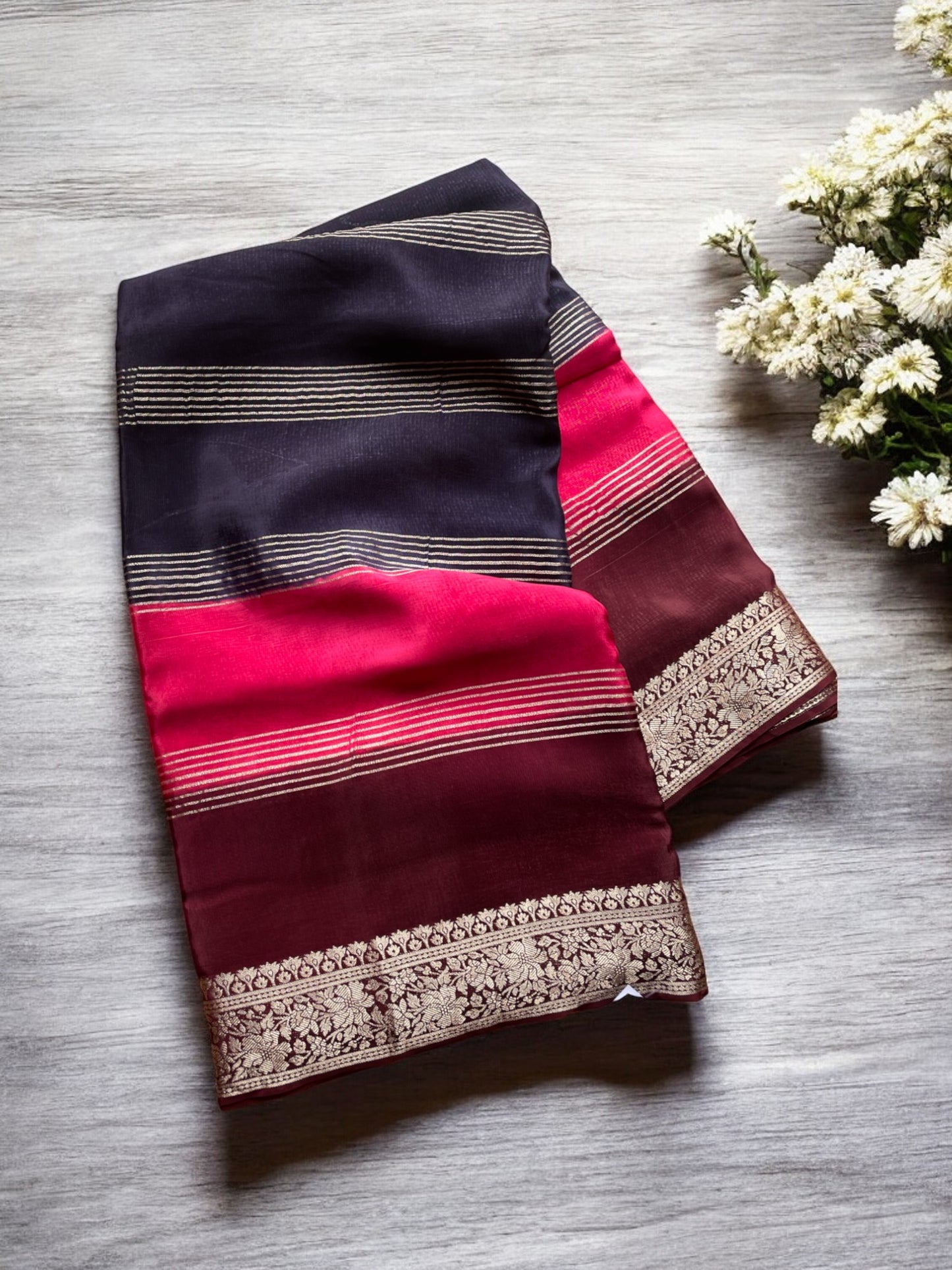 PINK AND NAVY BLUE 3D PREMIUM CREPE SILK SAREE