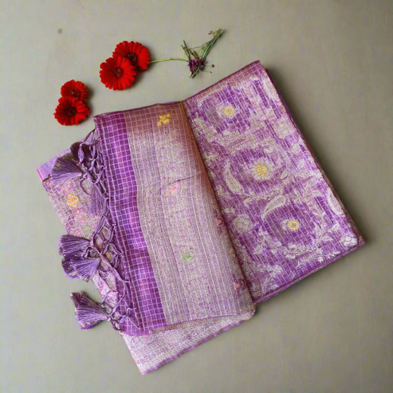 Lavendar banarasi silk, organza saree