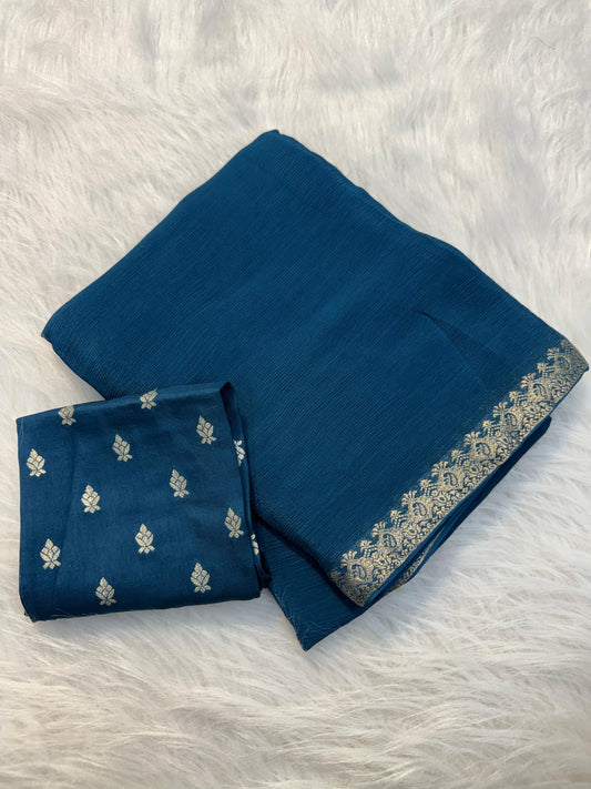 TEAL BLUE PURE WRINKLE CREPE CHIFFON SAREE