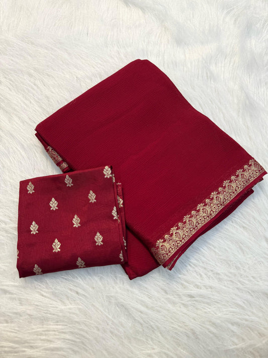 CHERRY RED PURE WRINKLE CREPE CHIFFON SAREE