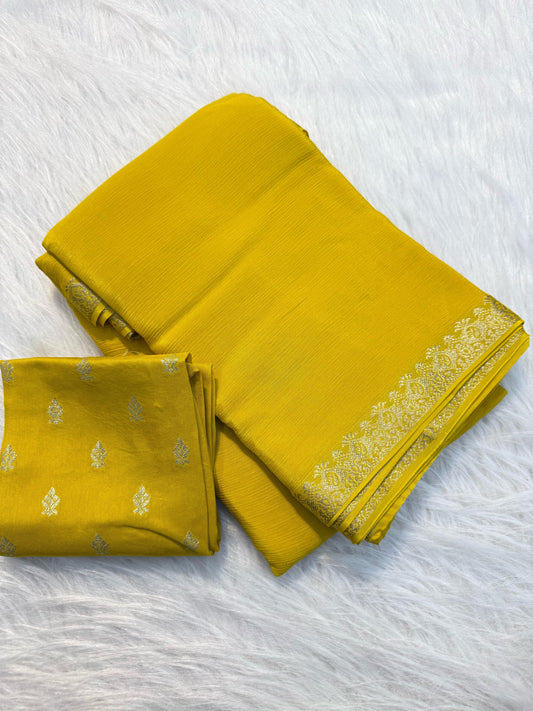 MUSTARD YELLOW PURE WRINKLE CREPE CHIFFON SAREE