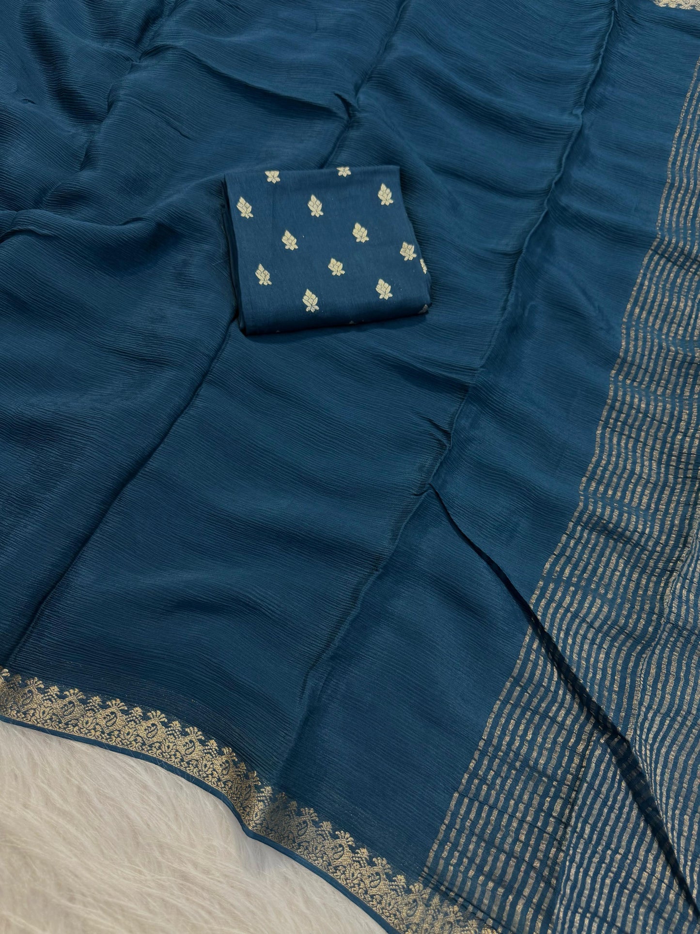 TEAL BLUE PURE WRINKLE CREPE CHIFFON SAREE