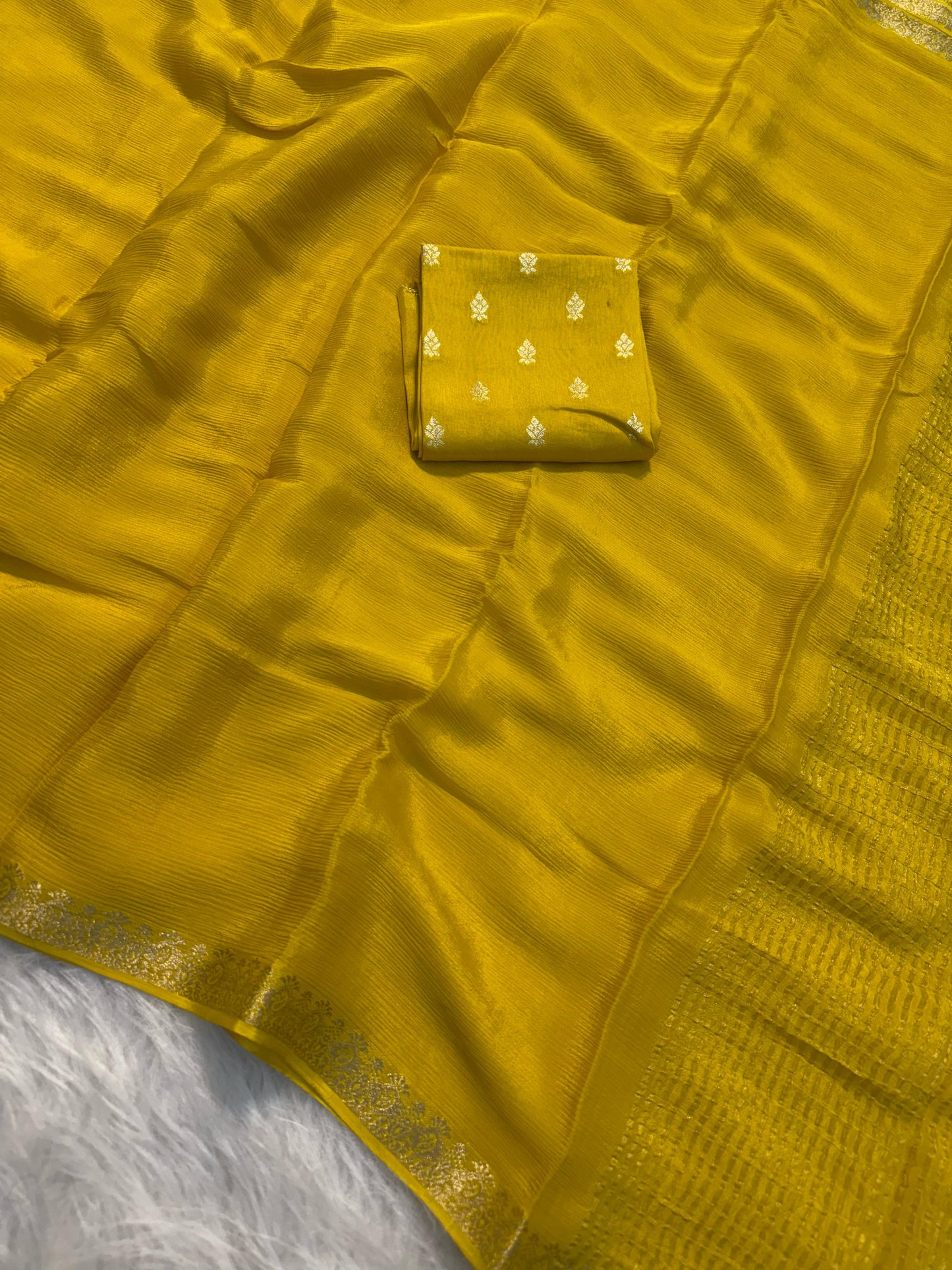MUSTARD YELLOW PURE WRINKLE CREPE CHIFFON SAREE