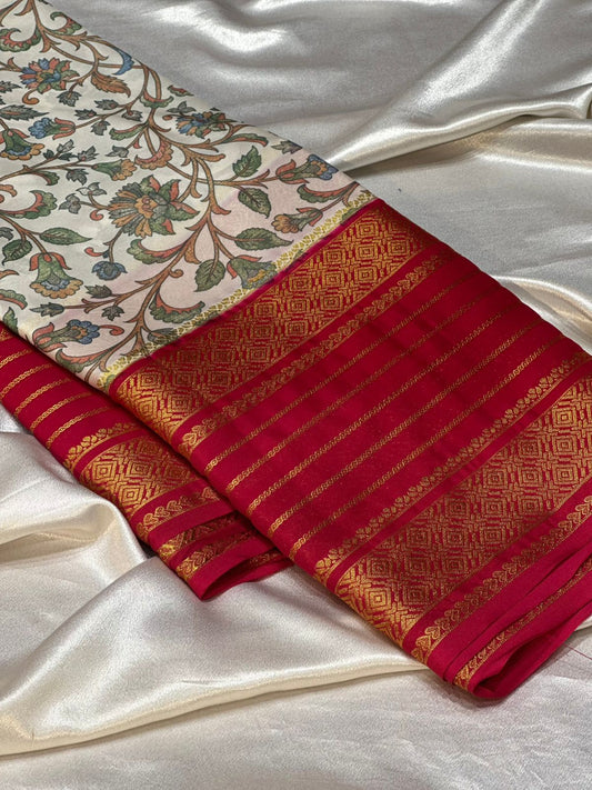 IVORY RED SEMI MYSORE CREPE SILK SAREE