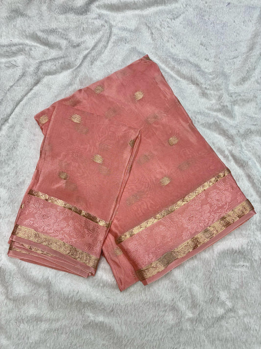 PEACH PURE CREPE SAREE WITH BENTEX BORDER