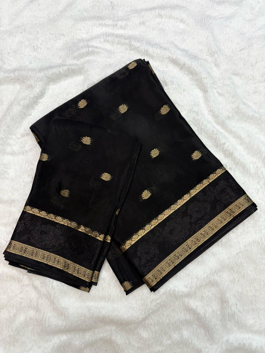 BLACK PURE CREPE SAREE WITH BENTEX BORDER